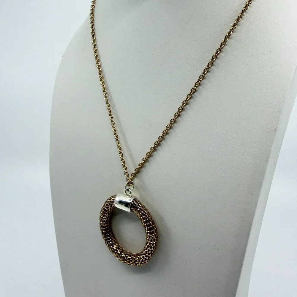 SHB Mesh Circle Pendant Necklace Gold Tone Textured Statement Layering Boho Gift